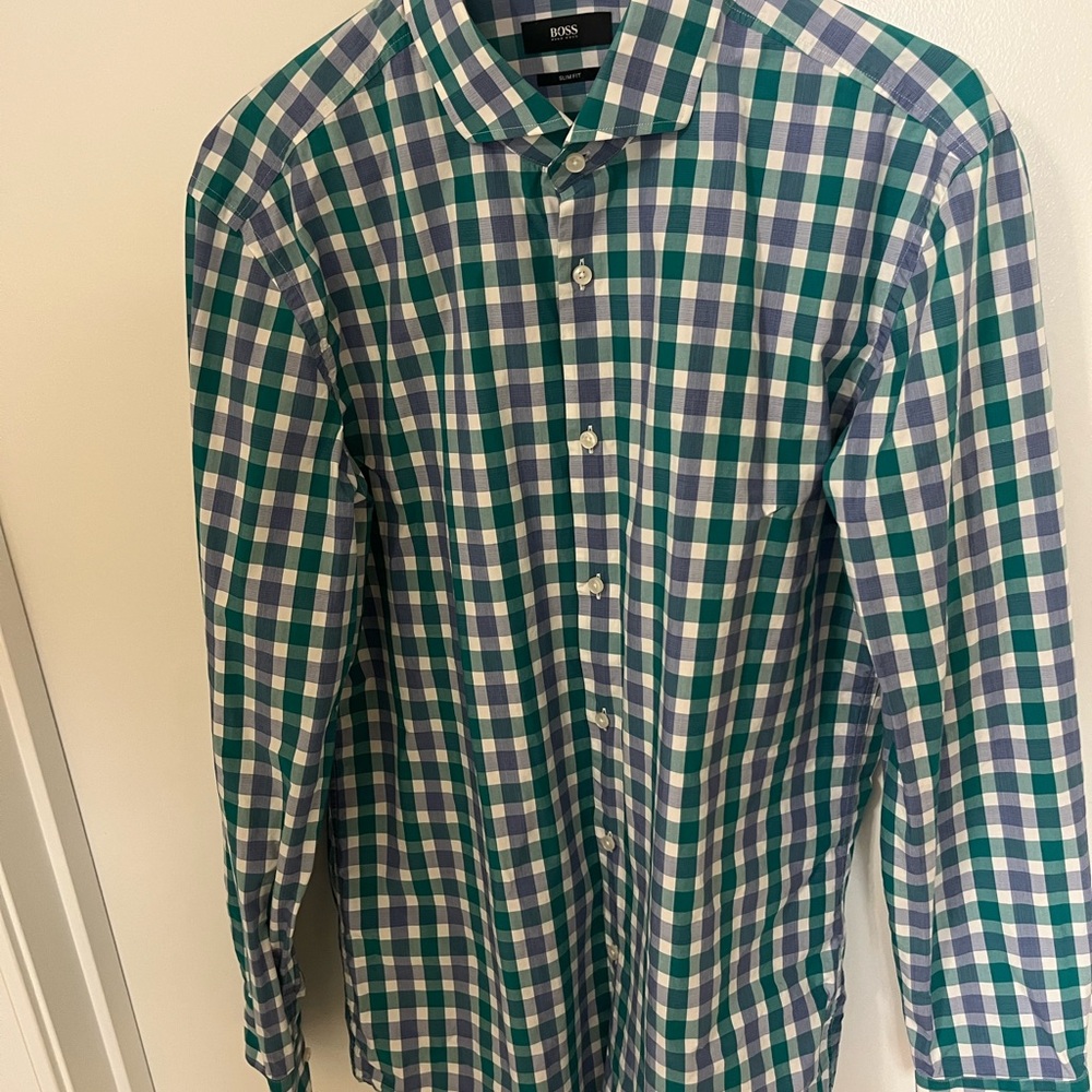 BOSS Men's Green Checkered Shirt